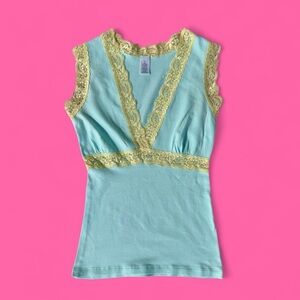 baby blue and yellow lace trim tank cami top!